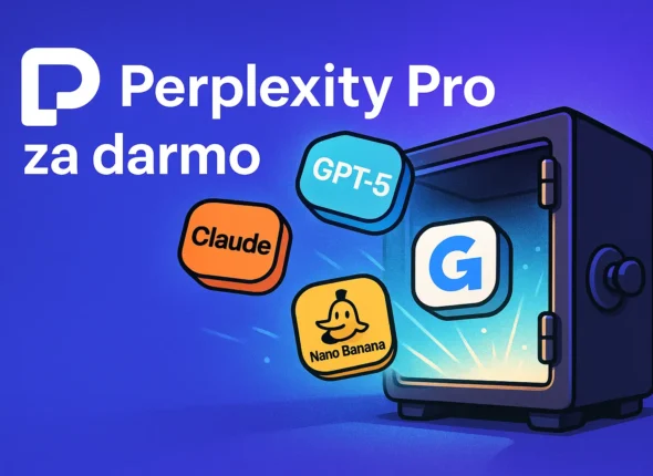 Duży napis „Perplexity Pro za darmo” na tle stylizowanej ilustracji z sejfem, z którego wypadają ikonki GPT-5, Claude, Gemini i Nano Banana.