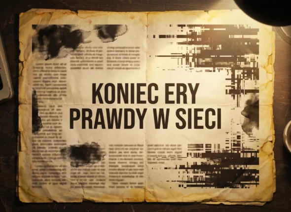 AI slop zalewa internet - retro gazeta z nagłówkiem o końcu ery prawdy w sieci