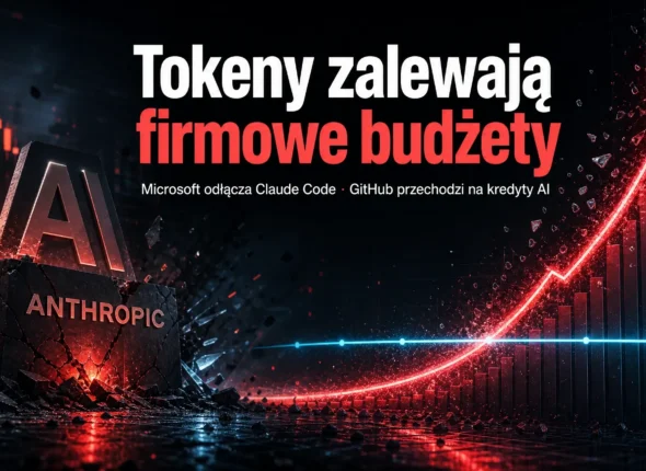 Cinematic grafika w klimacie Wall Street thriller - czerwona eksponencjalna krzywa kosztów per token zderza się z płaską linią przychodów per-seat, logo Anthropic jako kotwica, hasło i preheader ilustrują koniec ery stałych cen AI po tym, jak Microsoft anulował Claude Code
