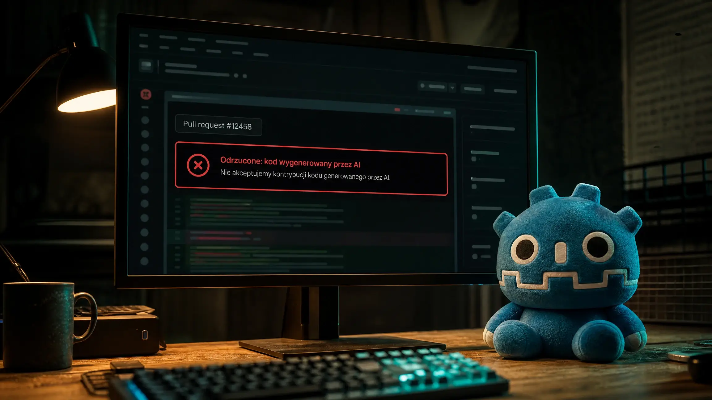 Fotorealistyczna scena w warsztacie developera gamedev, na drewnianym biurku ekran terminala z odrzuconym pull requestem podświetlonym czerwoną obwódką, obok pluszowa niebieska maskotka silnika Godot ustawiona jak strażnik. Godot zakaz AI kontrybucje.