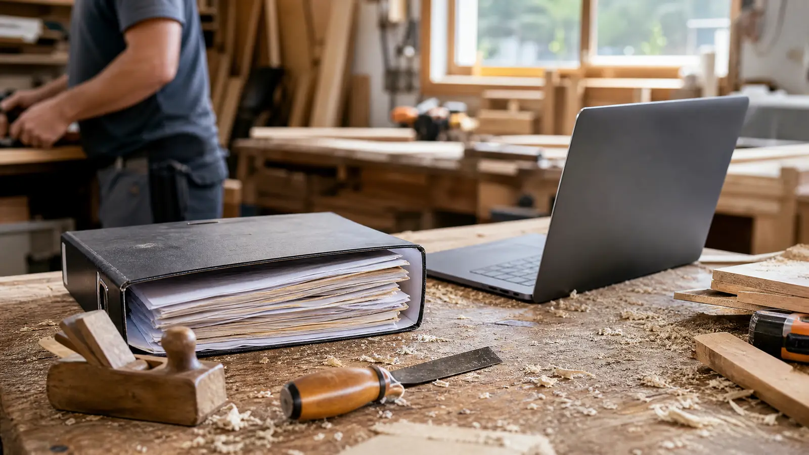 wyciek z Fakturowni a mała firma - segregator z fakturami i laptop na stole w warsztacie stolarskim, obok strug i dłuto w trocinach, w tle stolarz przy pracy