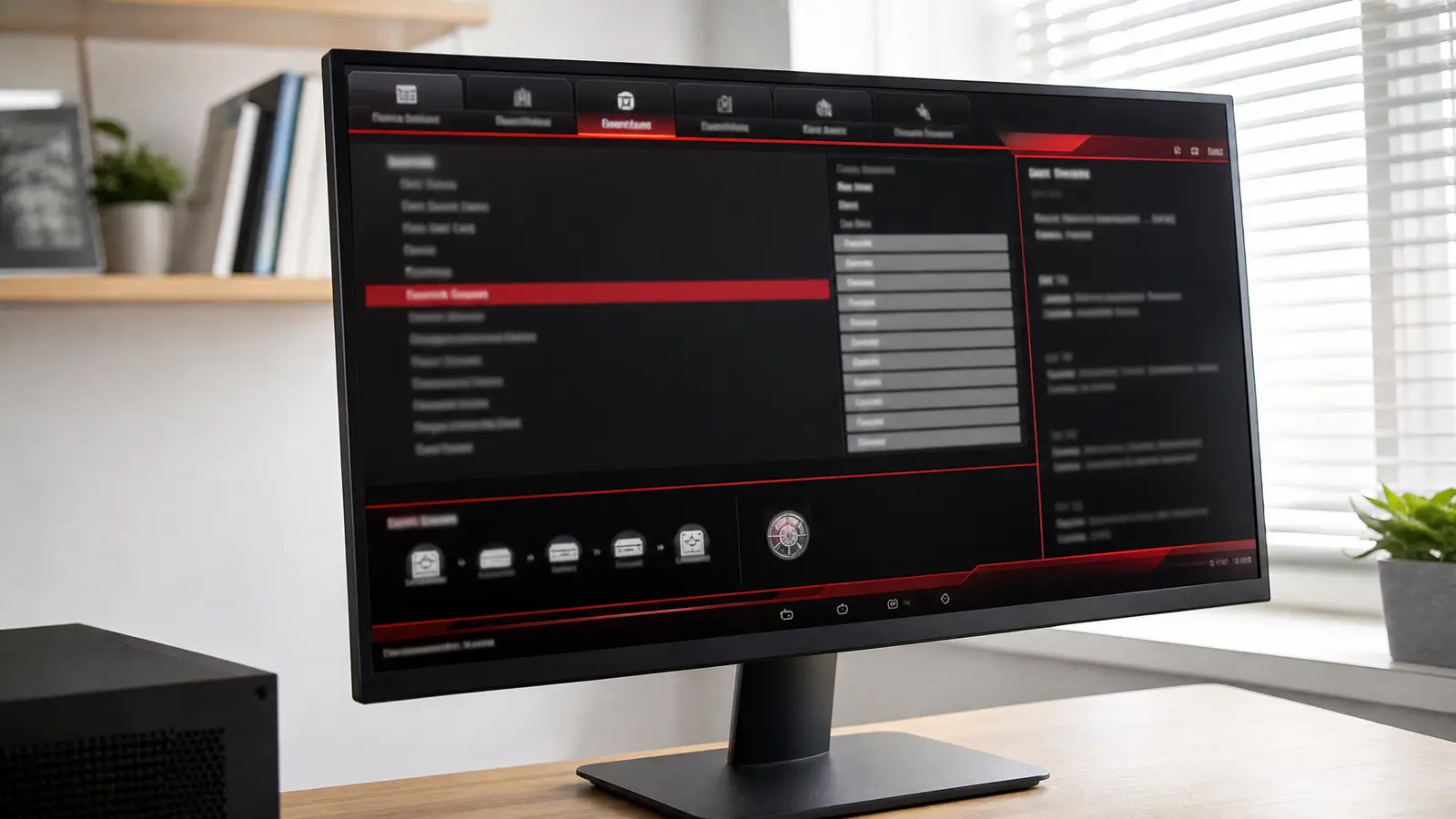 Jak wejść do BIOS-u - monitor komputera stacjonarnego z ekranem ustawień UEFI płyty głównej i kolejnością rozruchu dysków, obok obudowa komputera
