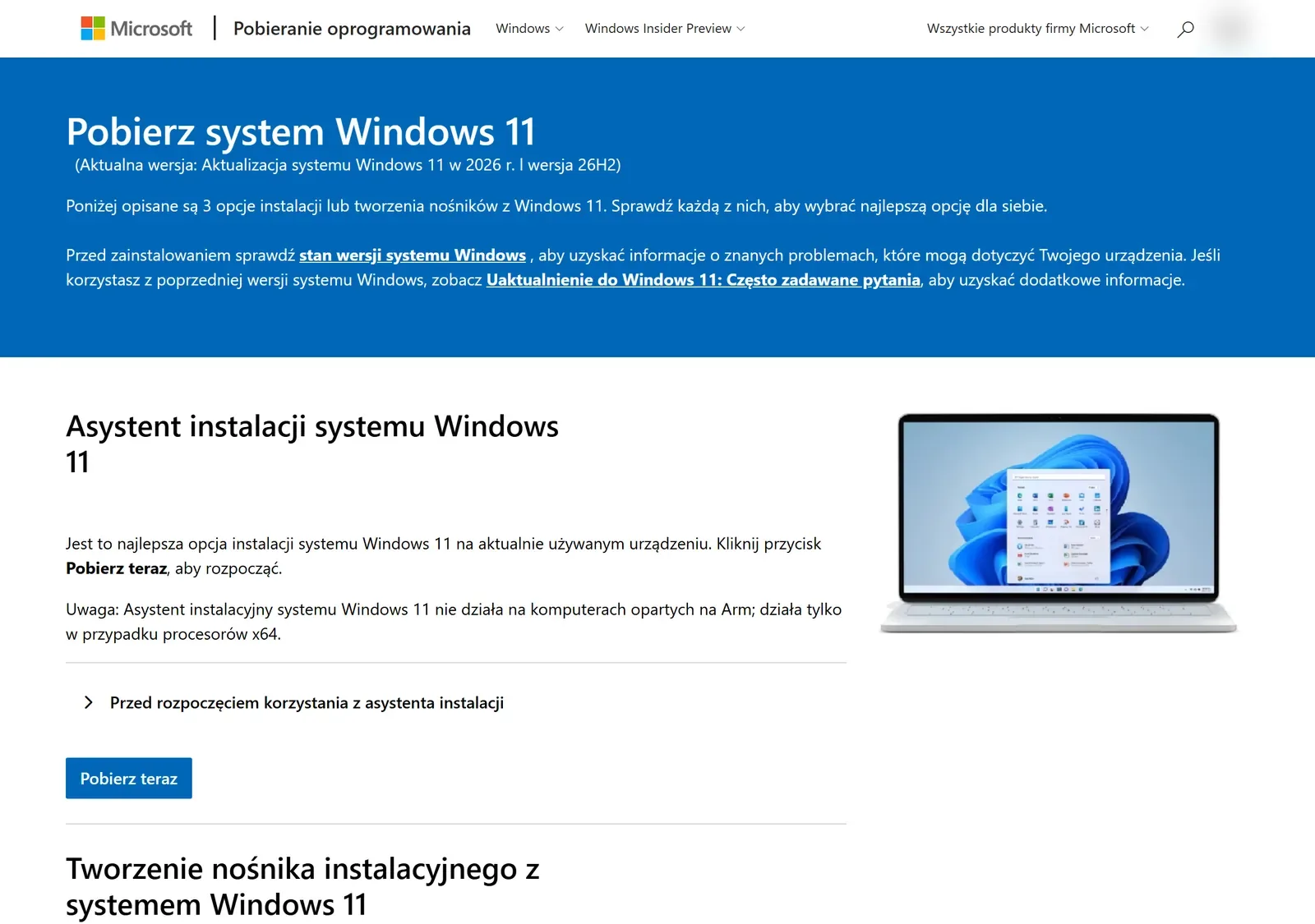 Strona Pobierz system Windows 11 na microsoft.com z informacją o aktualnej wersji 26H2 i sekcją Asystent instalacji systemu Windows 11 z przyciskiem Pobierz teraz