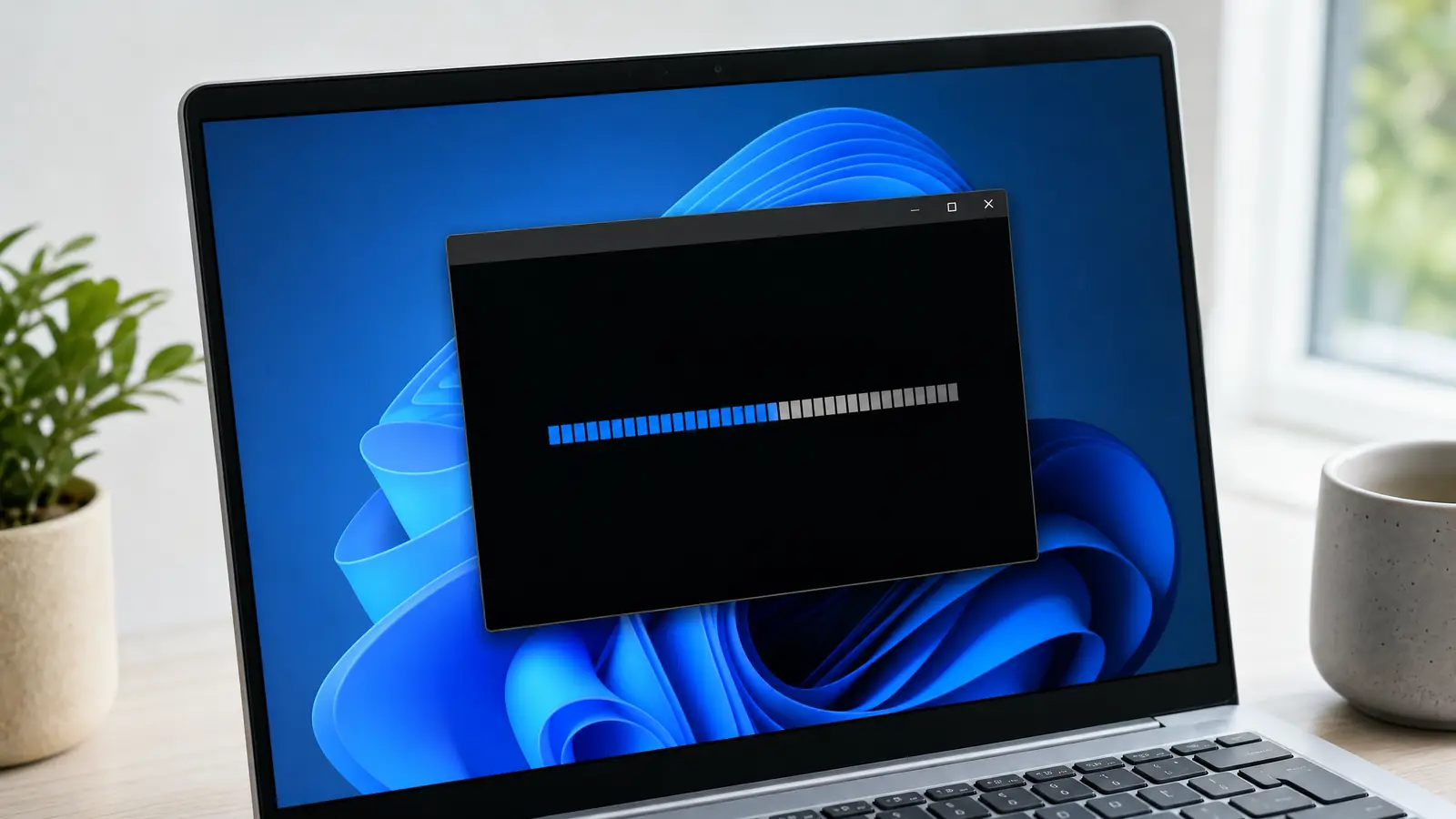 komendy CMD - laptop z Windows 11 i otwartym oknem wiersza poleceń z paskiem postępu skanowania, obok roślina i kubek w jasnym pokoju