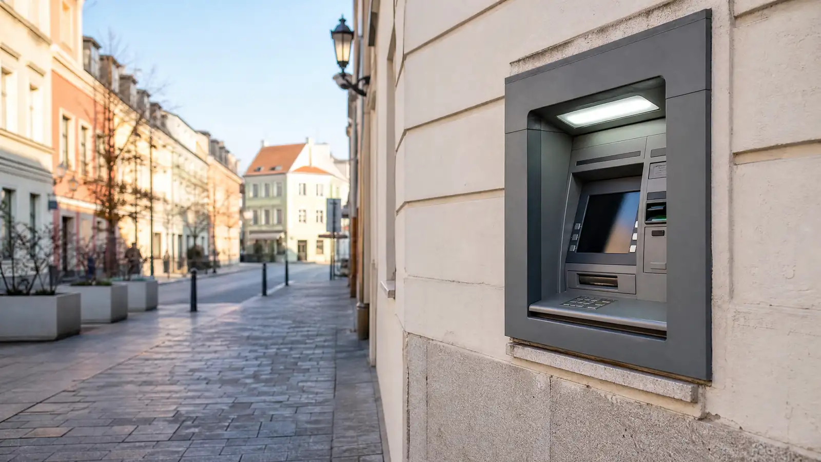 Bankomat wbudowany w jasną fasadę kamienicy przy brukowanym deptaku starego miasta w porannym słońcu - ilustracja do przerw technicznych w bankach w noc zmiany czasu 24/25 października 2026